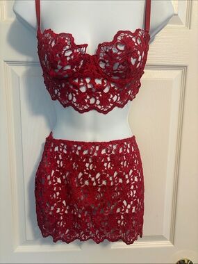 Dreamgirl Red Crochet Lace Bralette & Mini Skirt Set